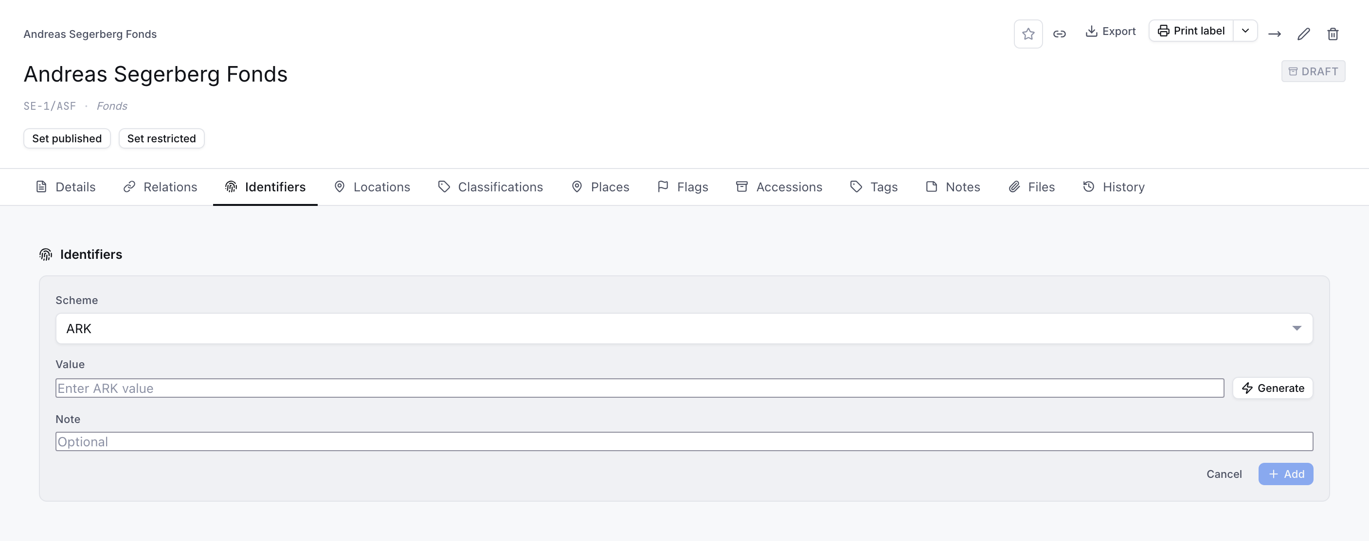 Identifiers tab